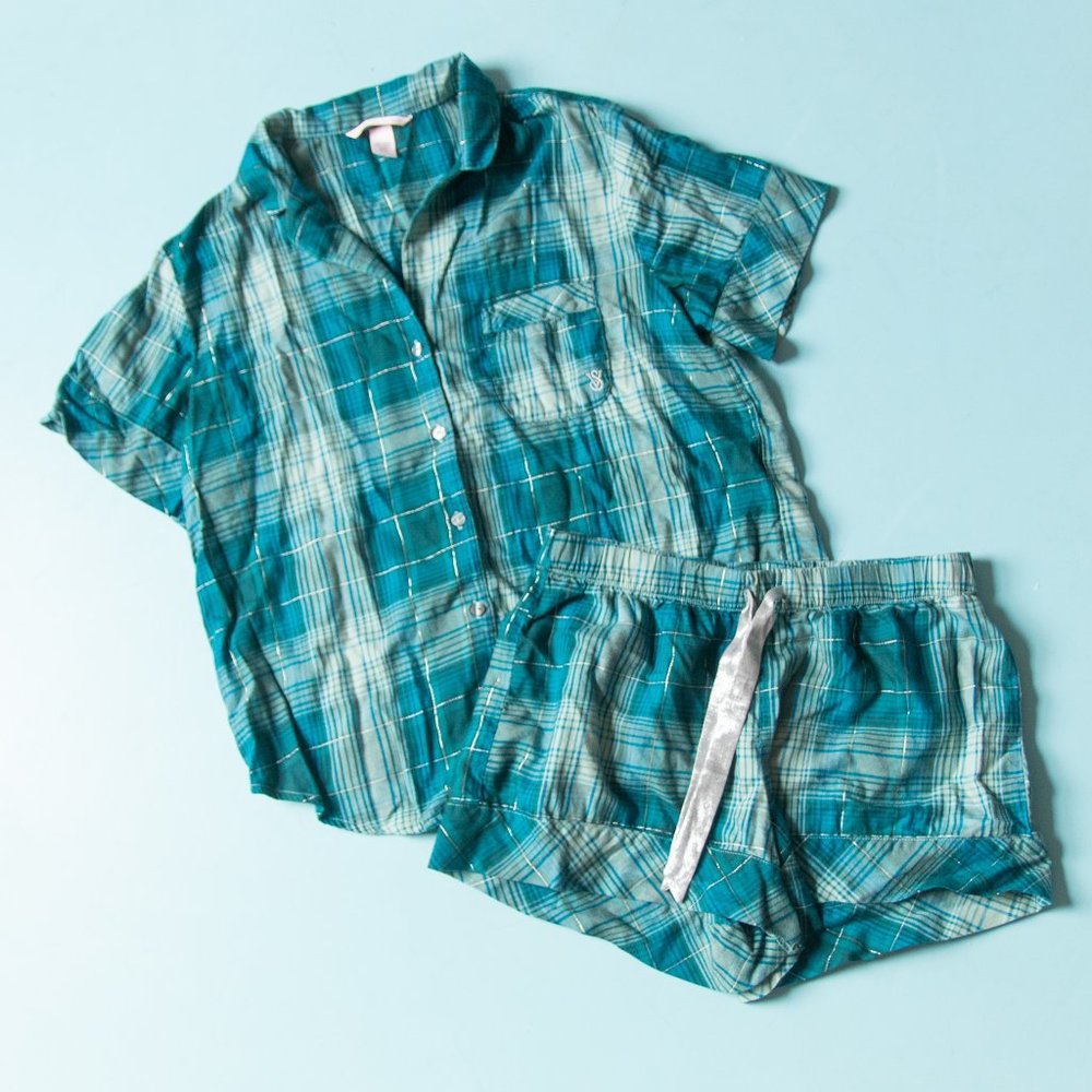 Victoria's Secret Turquoise Blue Plaid Short Sleeve Shorts Pajama Set Size Small